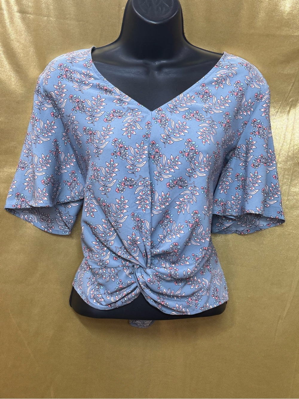 LOFT Blue Floral Twist-Front Blouse Size Small - Short Flutter Sleeve Top